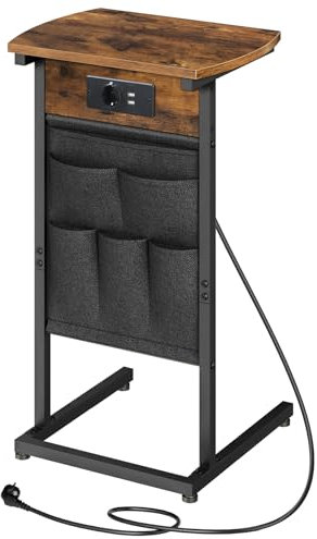 HOOBRO C-förmiger Beistelltisch mit Ladestation, Couchtisch mit gebogener Platte, Snacktisch mit Vliestaschen, Nachttisch für kleinen Raum, Vintagebraun und Schwarz EBF40CSF01