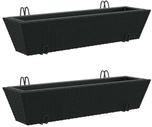 vidaXL Black Poly Rattan Planters with Hooks - Durable PE Fabric Garden Planters with Powder-Coated Steel Frame - 84 x 22 x 18 cm - Set of 2 - Practical Plastic Pots