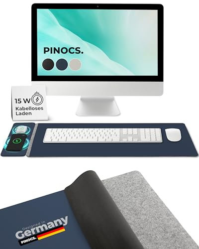 Schreibtischunterlage mit Ladefunktion für iPhone/AirPods/Android; Multifunktional; Leder/Filz; Schnellladen; Links/Rechtshänder; Minimalistische Schreibtischmatte; Desk mat; mauspad (Blau)