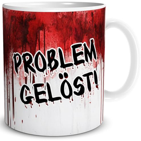 TRIOSK Tasse Blut Rausch mit Spruch Problem Gelöst Horror Sprüche Halloween Geschenk gruselig lustig für Arbeit Büro Kollegen Männer Frauen, Keramik 300ml