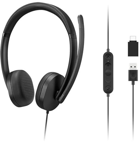 Lenovo Auriculares estéreo con cable USB-A/USB-C 115, caja de control en línea, ligeros, con cancelación de ruido, adaptador USB-A a USB-C, color negro
