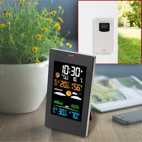 Casativo Moderne Wetterstation mit LCD-Farbdisplay, Funk-Aussensensor, Wecker & USB-Ladeport – präzise Wettervorhersage, Temperatur & Luftfeuchtigkeit
