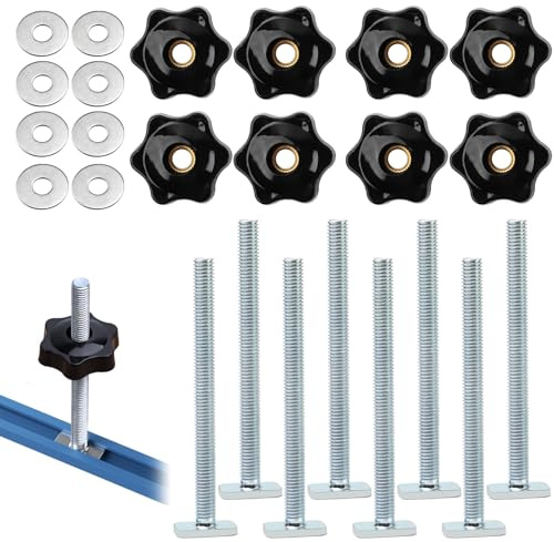 8 Set / 24 Pcs M8 T Track Bolts, T Slot Bolts M8 and Plastic Hand Nuts Kit | Aluminum Alloy T-Track Clamp Accessories, T Track Knob Kit for Woodworking Tool Slots and Fastening Fixtures