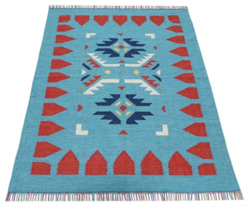 WAWA TEPPICH Kelim Teppich handgewebt Natur 70 x 140 cm | Naturwollteppich aus indischer Handarbeit mit charaktervoller Flachwebstruktur