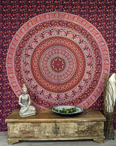 GURU SHOP Boho-Style Wandbehang, Indische Tagesdecke Mandala Druck- Rot, Baumwolle, 230x210x0 cm