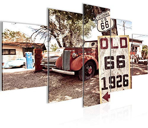 Runa Art - Quadri Macchina Route 66 200 x 100 cm 5 Pezzi XXL Decorazione Murale Design Rosso Colorato 609851a