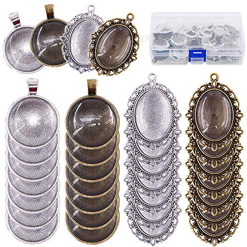Glarks 64-Pieces Pendant Set, 16Pcs Oval Pendant Trays and 16Pcs Round Bezels with 32Pcs Glass Cabochon Round Clear Dome Tiles for Crafting DIY Jewelry Making
