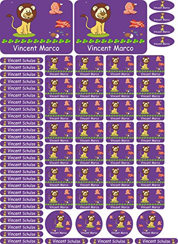 Namensaufkleber Kinder Schule Löwe - 69 Sticker - A4-Bogen - Namensetiketten selbstklebend - Aufkleber selbst gestalten - Kindergarten, KITA, Brotdose, Bücher, Federmappe, personalisiert