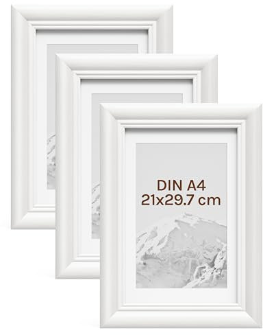 WOLTU Bilderrahmen 21x29,7cm DIN A4 3er Set Fotorahmen Holzrahmen mit Passepartout, zum vertikalen oder horizontalen Aufhängen/Aufstellen, Posterrahmen Collage Wanddeko, Weiß