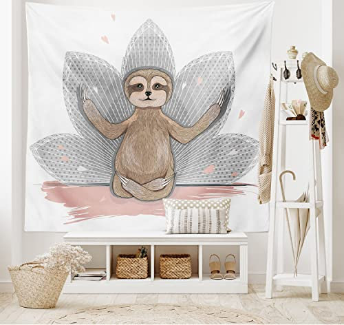 ABAKUHAUS Faultier Wandteppich, Kleines Faultier Lotusblume Yoga Asana Positionen Spaß, aus Weiches Mikrofaser Stoff Wand Dekoration Für Schlafzimmer, 230 x 140 cm, Rosa Braun Grau