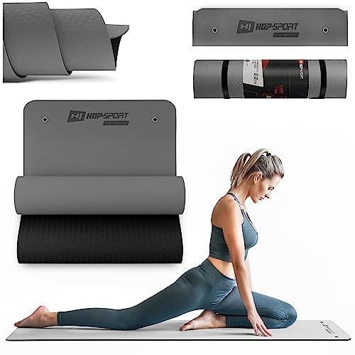 Hop-Sport Yogamatte - Fitnessmatte Rutschfest mit Ösen, 0,8 cm Dicke, TPE Material, Grau - Ideal für Yoga, Pilates und Sport Zuhause - Leicht, Wasserabweisend und Flexibel
