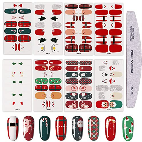 EBANKU Christmas Nail Wraps - 8 Sheets Self-Adhesive Stickers with Snowman, Snowflake Designs for Women & Girls, Includes Nail File