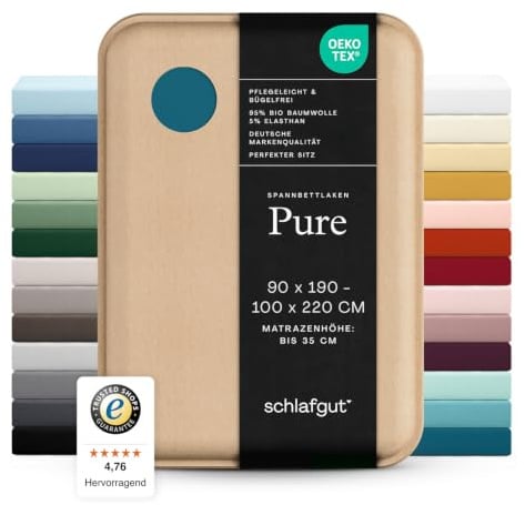 schlafgut Pure Spannbettlaken 90x200 cm Bio-Baumwolle Jersey, Petrol Deep | Bettlaken, Spannbetttuch 100x200, 90x190 bis 100x220 cm, Petrol, Mako Baumwolle Elasthan, bis 35 cm Steg