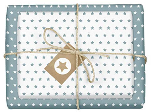 dabelino® Geschenkpapier Set Sterne (grau-blau/weiß): 4X Bögen + 4X Anhänger (Öko Recycling-Papier, nachhaltig, Weihnachten, Geburtstag, zur Geburt Baby Junge, für jeden Anlass)