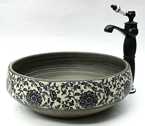 L&H Vintage Kasbah Schwarz mit marineblauem Blumenmuster Badezimmer Garderobe Runde Keramik Arbeitsplatte Waschbecken Waschschüssel Handwerk handgefertigt marokkanisch handbemalt 400 mm