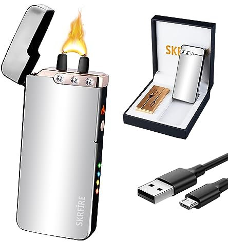 SKRFIRE Elektrisches Feuerzeug, Flammenbogen-Feuerzeug, Flamme, Plasma-Feuerzeug, wiederaufladbar, wasserdicht, mit 3 Strasssteinen, USB Wiederaufladbares Feuerzeug (silberfarben)