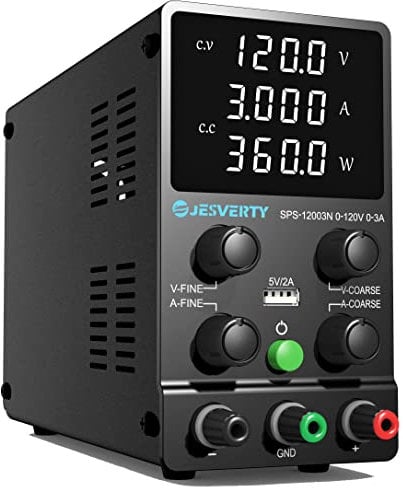 Fuente de Alimentación Regulable 120V 3A DC Fuentes de Alimentación de Laboratorio Fuente de Alimentacion de Banco Ajustable Pantalla LED de 4 Dígitos Jesverty SPS-12003N