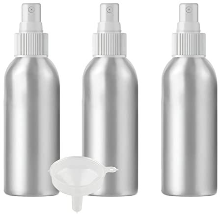 PQPAUTY 3 Piezas Pequeño 150ml botella de spray pulverizador Botella de Aluminio Plata con Bomba en Blanco Niebla Fina Atomizador para Perfume Viaje Artículos de Agua Cosmético, con Embudo