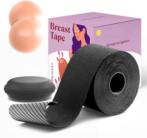 SPRINGSY Brust Tape Set inkl. Nippelpads und Nipple Cover ein Atemberaubendes Dekolleté. Trägerloser BH Rückenfrei, Body Tape - Boob Tape (5cm x 5m) Bis zu 20x wiederverwendbar push up bh fashion tape