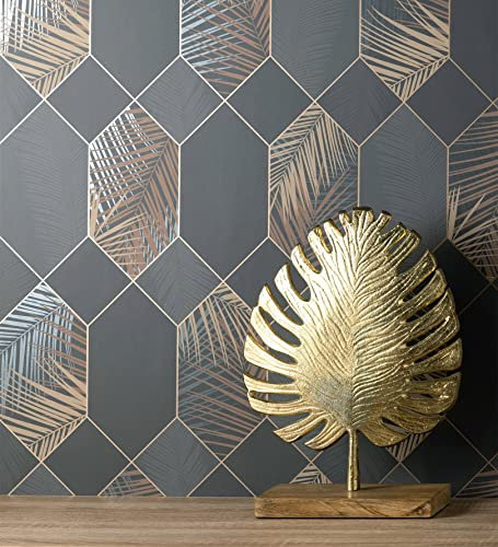 GAULAN - 681282 Papier Peint lessivable géométrique hexagones avec des Feuilles Tropicales pour Mur Salon Chambre Couloir Salle à Mange tête de lit - Rouleaux de 10 m x 0,53 m