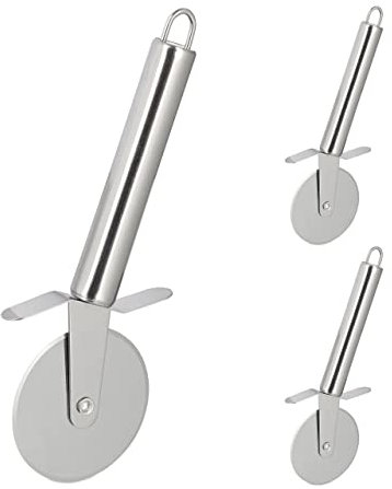 Relaxdays Pizzaschneider 3er Set, scharfe Edelstahl Klinge mit Ø 6,5 cm, spülmaschinenfester Profi Pizzaroller, silber
