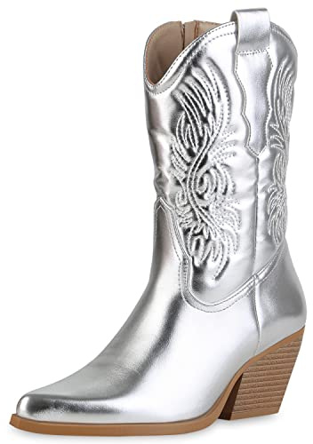 VAN HILL Damen Stiefeletten Cowboy Boots Schuhe Holzoptikabsatz Freizeit Stiefel Spitze Stickereien Western Booties 211811 Silber 37