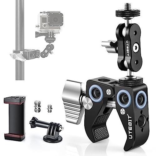 UTEBIT Super Clamp mit Magic Arm, Kamerahalterung Klemme mit 360° Kugelkopfarm, Klemme Stativ mit 1/4 & 3/8 Gewinde, Action Kamera Adapter, Handyhalterung, Kompatibel mit GoPro/Monitor/Blitzlicht