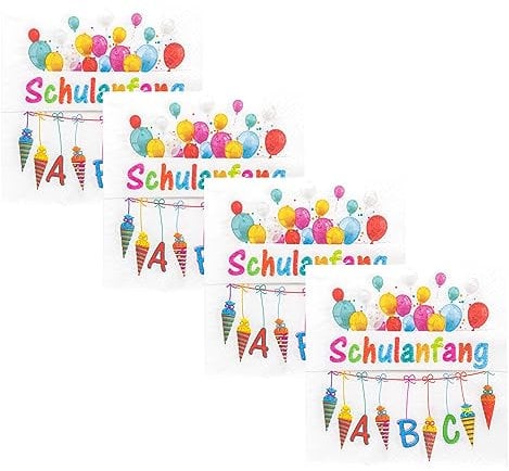 Idena 50066-4 - Servietten Schulanfang im Set, 4 x 20 Stück, 3-lagig, 33 x 33 cm, Deko Einschulung