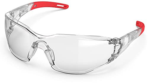 TOREGE Gafas protectoras transparentes - Puente nasal ajustable, antivaho y antiarañazos, ligeras con empuñaduras de goma antideslizantes - Conforme a ANSI Z87(Red)