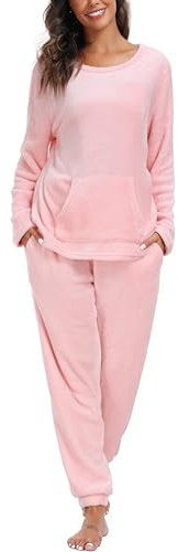 Vlazom Pigiami Due Pezzi Donna Pigiama Donna Invernale Pigiama Manica Lunga Pantaloni Pigiama Flanella Pile,B-Rosa,XL