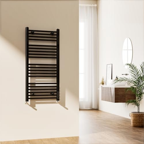 EMKE Towel Rail Radiator 1000 x 500mm, Heated Towel Rail for Bathrooms Black, Modern Straight Towel Radiator Versatile Wall/Floor Mounted Bathroom Radiators