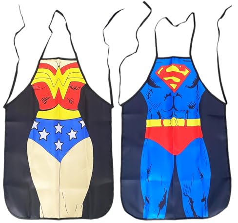 YNR Schürzen Lustige Neuheit Schürzen Küchenschürze mit Superman und Wonder Woman Wasserdichte Haus und Küche Schürzen Geschenke für Paare Freunde (2Stück)