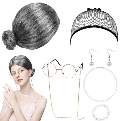 YOUYIKE 7 Stück Oma Perücke Kostüm Accessoire Set, Oma Brille mit Perlen Armband Perlenkette, Großmutter Verkleidung, Cosplay Zubehör für Halloween Karneval Mottoparty Fasching Deko