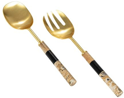 Creative Co-Op Stainless Steel Salad Servers with Marbled Resin and Mango Wood Handles,Multicolor, Medium, Multi