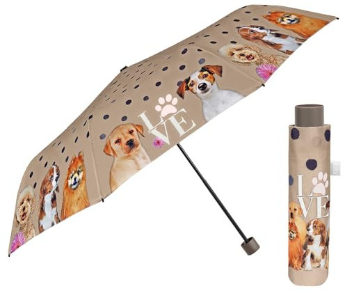 PERLETTI Regenschirm Damen mit Kleinen Hunden - Taschenschirm Manuell für Frauen Mädchen - Handtasche Damenschirm Regen Schirm Kompakt Sturmfest Leicht - Durchmesser 97 cm (Beige mit Hündchen)
