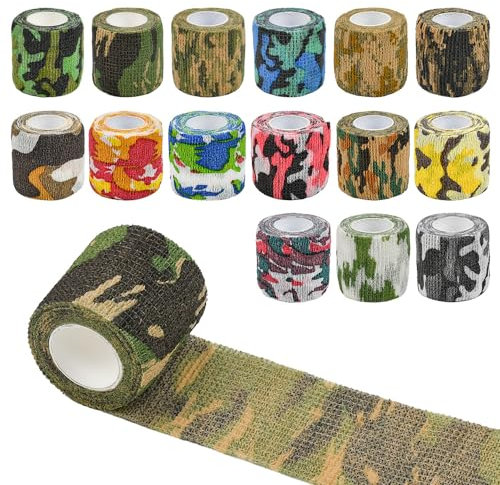 HEKOBAG 15 Pcs Bande Cohésive Camouflage 5cm x 4.5m Bandage Cohésif Bande Adhésive Elastique Ruban Adhésif Camouflage Bandage Auto-Adhésif Élastique Bandage Sportif pour Protection et Déguisement