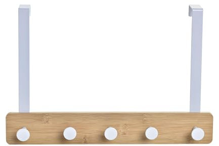 LEKE GO Percha de puerta con 5 colgadores blanca de metal y madera de 38,5x4,8x25,5 cm