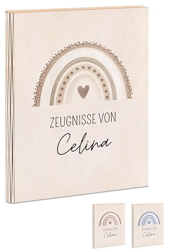 wunderwunsch® - Personalisierte Zeugnismappe aus Holz mit hochwertigem Spezial-Druck - Einschulung Geschenk - Zeugnismappe Jungen & Zeugnismappe Mädchen (Regenbogen beige)
