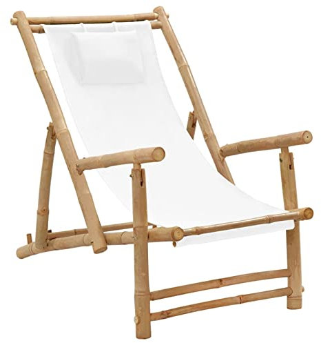 Gecheer Höhenverstellbare Bambus-Liegestuhl mit Armlehnen Gartenliege Gartenstuhl Sonnenliege Relaxliege Gartengarnitur Holzliege Deckchair 60 x 106 x 90 cm (B x T x H),Cremeweiß