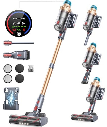 Aspirateur Balai sans Fil SMOTURE,550W/ 45KPA/60min Autonomie Aspirateur Balai Puissant et Silencieux,Chargement Mural,Parfumés, Écrans Tactiles Couleur, 1,5L, Aspirateur sans Fil Nettoyage des Bords