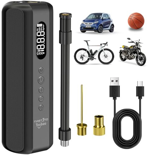 Tccbac Gonfleur de Pneu Portable pour vélo/Moto, Pompe électrique de Pneu de Voiture avec manomètre, Mini compresseur d'air Rechargeable 5200 mAh, gonflage Rapide, 150 psi, Pression des pneus