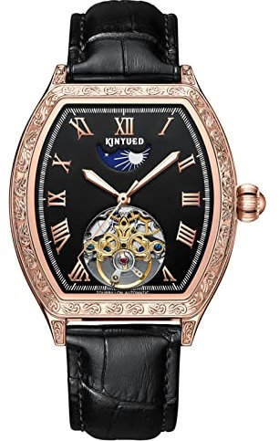 HFWXYSA Luxury Tourbillon Herren Mondphase Automatische Mechanische Armbanduhr Echtes Leder Männer Edelstahl Skeleton Automatische Uhren Für Männer Schwungrad Kalender Uhr,Schwarz