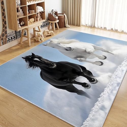 Generisch Wohnzimmer Teppich 80x150cm Tier Schwarz Weißes Pferd Schlafzimmer Teppich Moderne rutschfest Teppich, Waschbarer Kurzflor Teppiche, Weich Flauschig Kinderzimmer Teppich