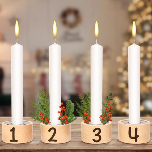 MONCAP 4Pcs Advent Christmas Wooden Candle Holders Tealight Taper Candlestick Holder with Advent Numbers & Flower Insertion for Christmas Advent Wedding Party Xmas Home Decor