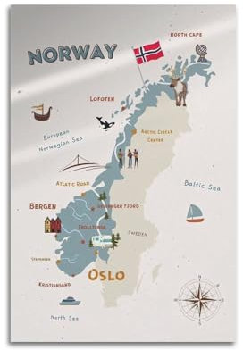 Poster mit Reisekarte, Europa, Norwegen, dekoratives Gemälde, Leinwand, Wandposter und Kunstdruck, modernes Familienschlafzimmer, Dekoration, Poster, 40 x 60 cm