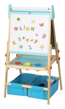 MindyToy Tableau Chevalet Enfant Double Face en Bois, Hauteur Ajustable, Ardoise à craie et Blanc Magnétique effacable, Alphabet Puzzle, Jouet Educatif Montessori, rouleau papier dessin et peinture