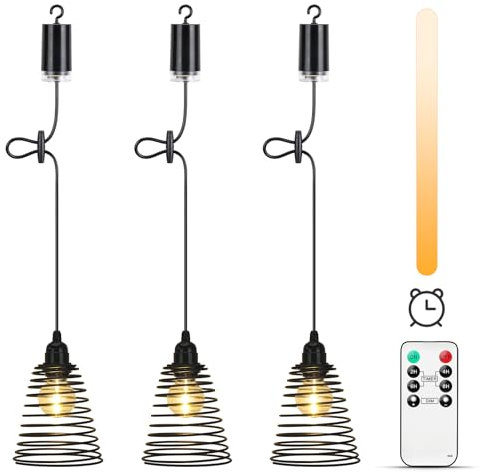 Lightsjoy 3 Paralume Lampadario Da Esterno A Batteria Lampadario Sospensione Con Telecomando, Dimmer, Timer IP65 Impermeabile Luci Led Senza Filo Per Giardino, Nero Industriale Lampadario Soggiorno