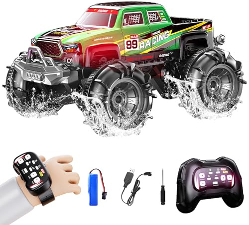 ROUSKY Monster Truck amphibie télécommandé, 2,4 GHz double commande avec montre et contrôleur, voiture télécommandée rotative à 360° avec lumières LED, vert course (vert)