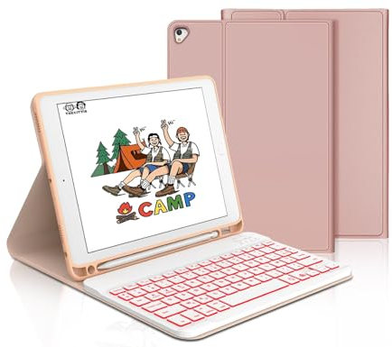 Coque Clavier pour iPad 6/5 EME Generation/Pro 9.7/Air 2/Air 1 9.7, Étui Keyboard 7 Couleurs Rétroéclairées AZERTY Layout Bluetooth Amovible avec Porte Crayon pour iPad 9.7 2018, Rose Rose
