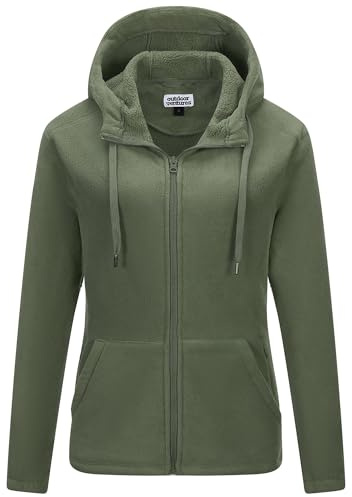 Outdoor Ventures Womens Fleece Jackets with Hood 320G Warm Full Zip Coat | 6 Large Pockets, Polyester, Breathable, Soft, Long Sleeve, Outerwear, Top for Walking Travelling Everyday Casual Wear